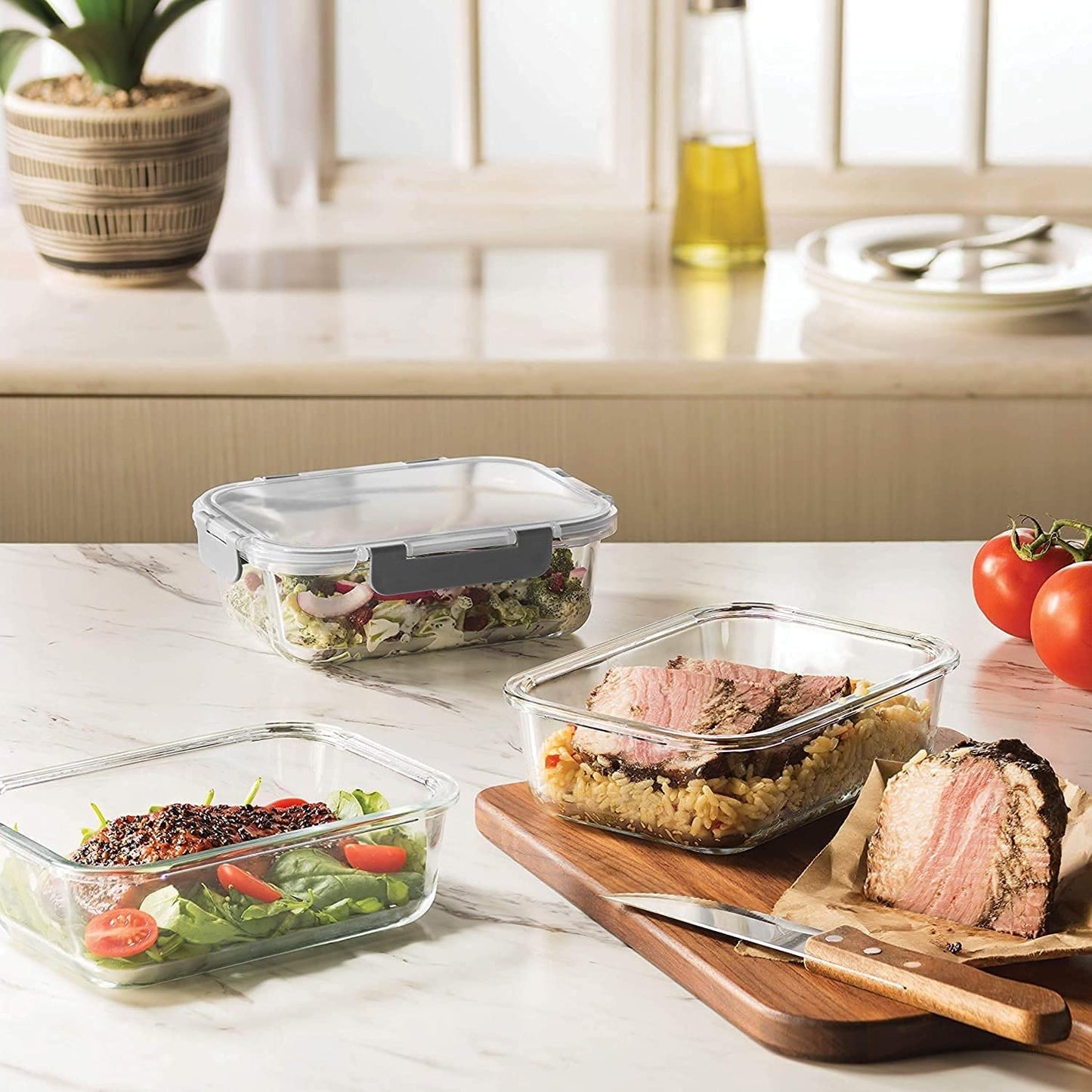 Glass Storage Bowl Borosilicate Square Glass Food Storage Containers Microwave and Oven Safe with Air Vent Lids- Set of 3-320ml, 520ml, 800ml (Pack of 3, Clear)