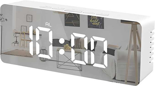 Digital Alarm Clock, LED Display Clock Best Makeup Bedroom Mirror Travel Alarm Office Bedroom Clock, Alarm Clock with Snooze, Dimmer Control, Support Battery Powered