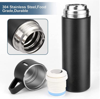 Vacuum Flask Set with 2 Cups, Double Wall Stainless Steel Thermo 500ml Vacuum Insulated Bottle Water Flask Gift Set with 3 Cups,