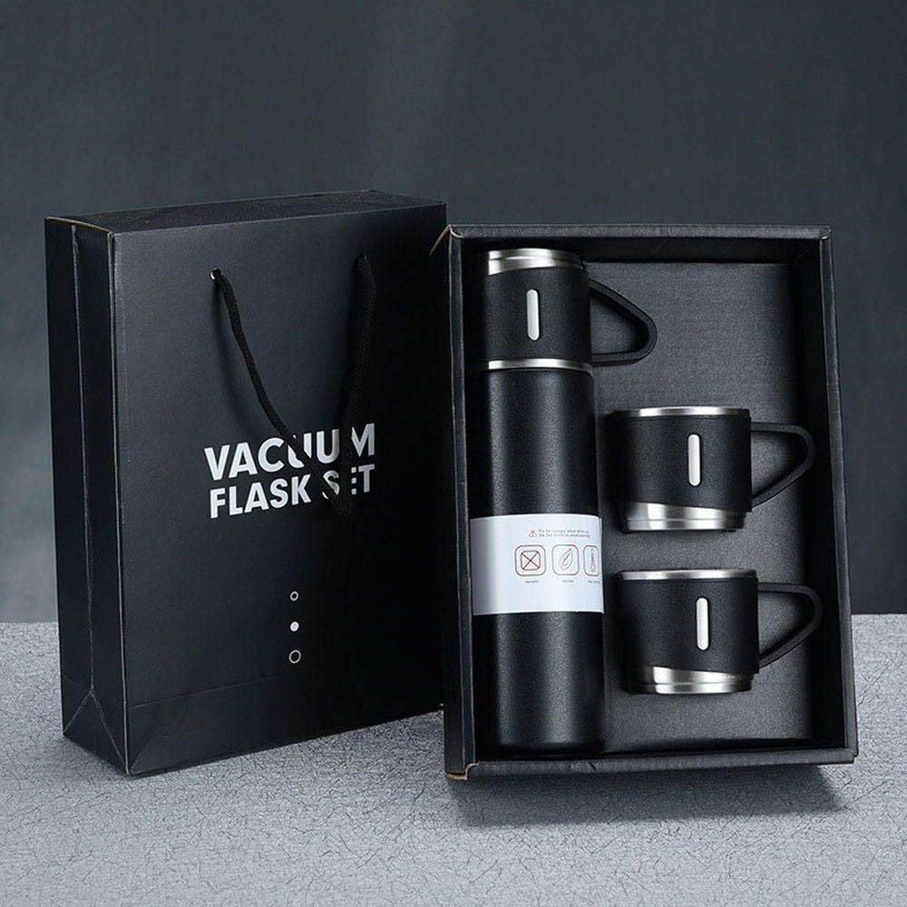 Vacuum Flask Set with 2 Cups, Double Wall Stainless Steel Thermo 500ml Vacuum Insulated Bottle Water Flask Gift Set with 3 Cups,