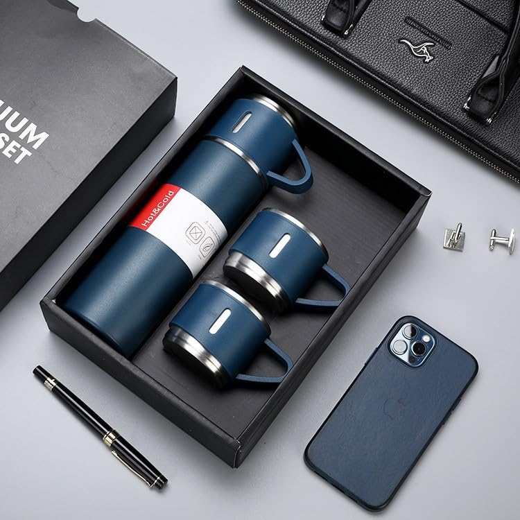 Vacuum Flask Set with 2 Cups, Double Wall Stainless Steel Thermo 500ml Vacuum Insulated Bottle Water Flask Gift Set with 3 Cups,