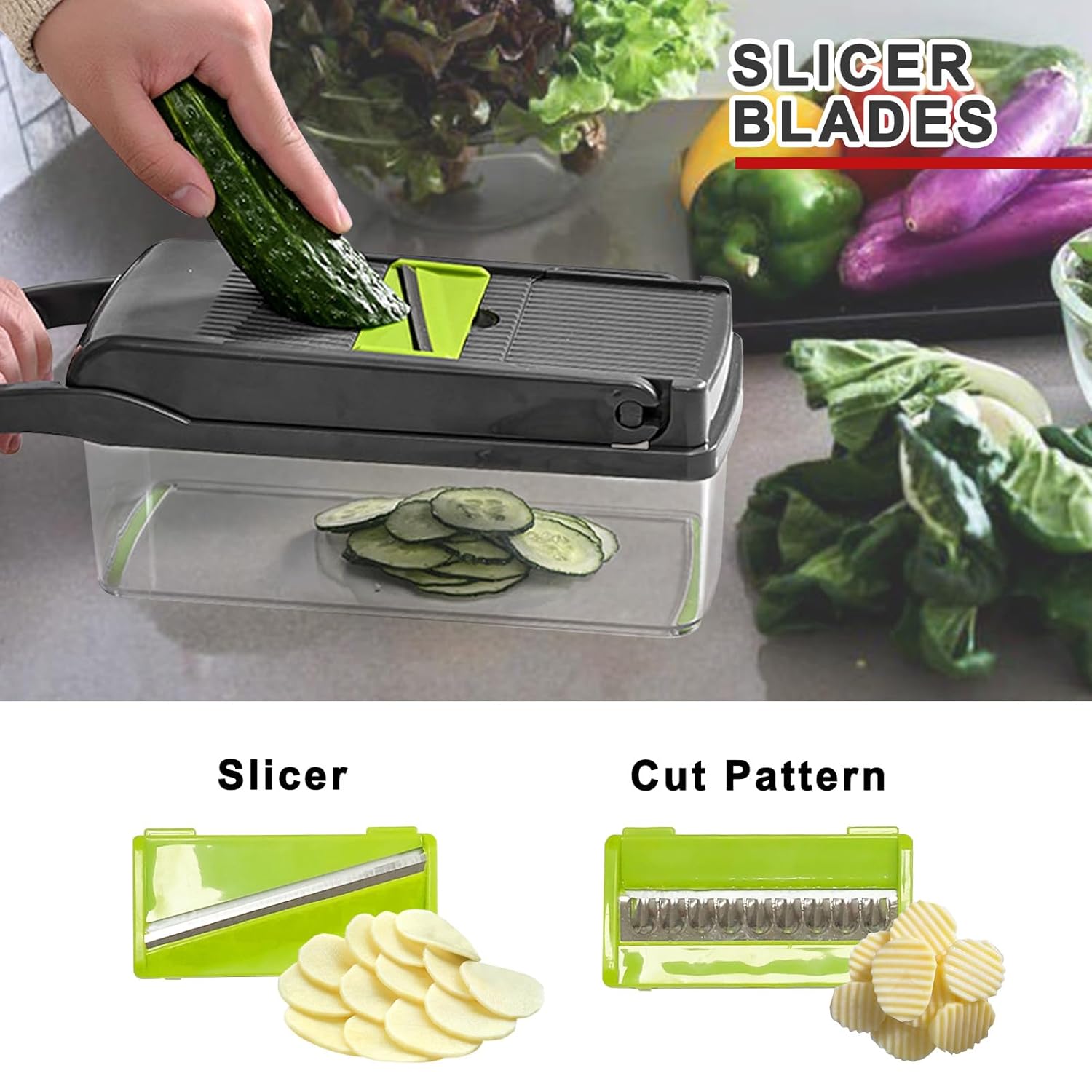Veggie Chopper with Container, Vegetable Chopper, Pro Onion Chopper, Multifunctional 14 in 1 Food Chopper, Kitchen Vegetable Slicer Dicer Cutter,Veggie Chopper With 8 Blades, Hand Guard