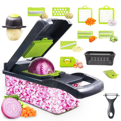 Veggie Chopper with Container, Vegetable Chopper, Pro Onion Chopper, Multifunctional 14 in 1 Food Chopper, Kitchen Vegetable Slicer Dicer Cutter,Veggie Chopper With 8 Blades, Hand Guard