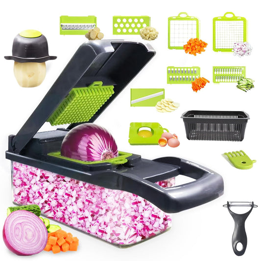 Veggie Chopper with Container, Vegetable Chopper, Pro Onion Chopper, Multifunctional 14 in 1 Food Chopper, Kitchen Vegetable Slicer Dicer Cutter,Veggie Chopper With 8 Blades, Hand Guard