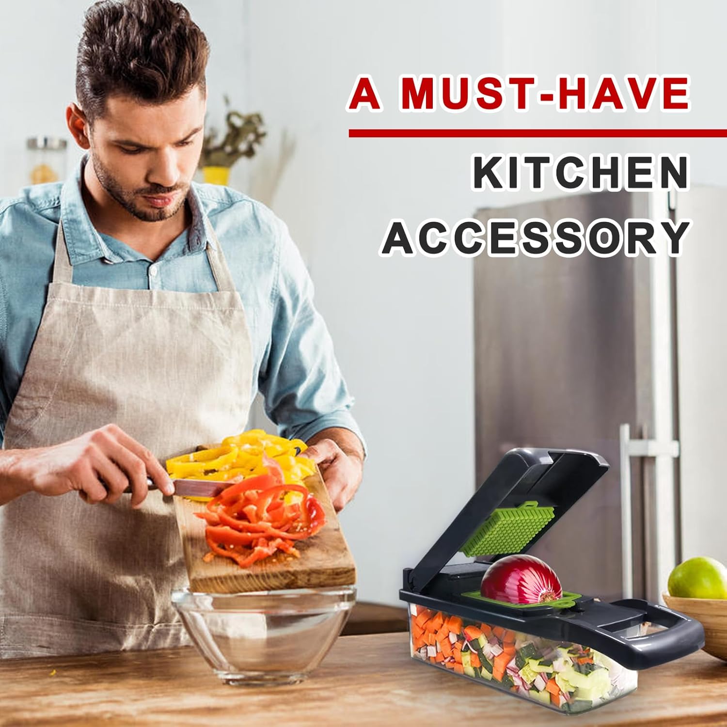 Veggie Chopper with Container, Vegetable Chopper, Pro Onion Chopper, Multifunctional 14 in 1 Food Chopper, Kitchen Vegetable Slicer Dicer Cutter,Veggie Chopper With 8 Blades, Hand Guard