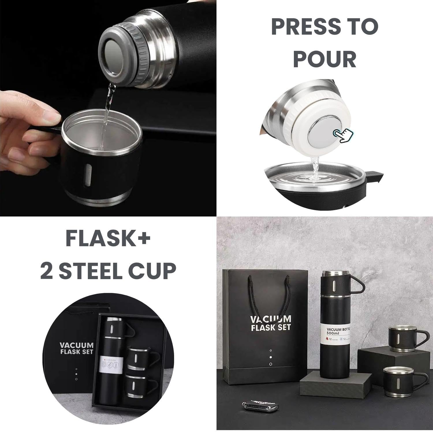 Vacuum Flask Set with 2 Cups, Double Wall Stainless Steel Thermo 500ml Vacuum Insulated Bottle Water Flask Gift Set with 3 Cups, Corporate Gifts for Employees Diwali Gift,