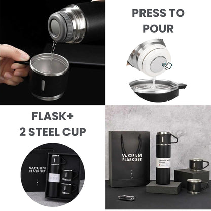 Vacuum Flask Set with 2 Cups, Double Wall Stainless Steel Thermo 500ml Vacuum Insulated Bottle Water Flask Gift Set with 3 Cups,