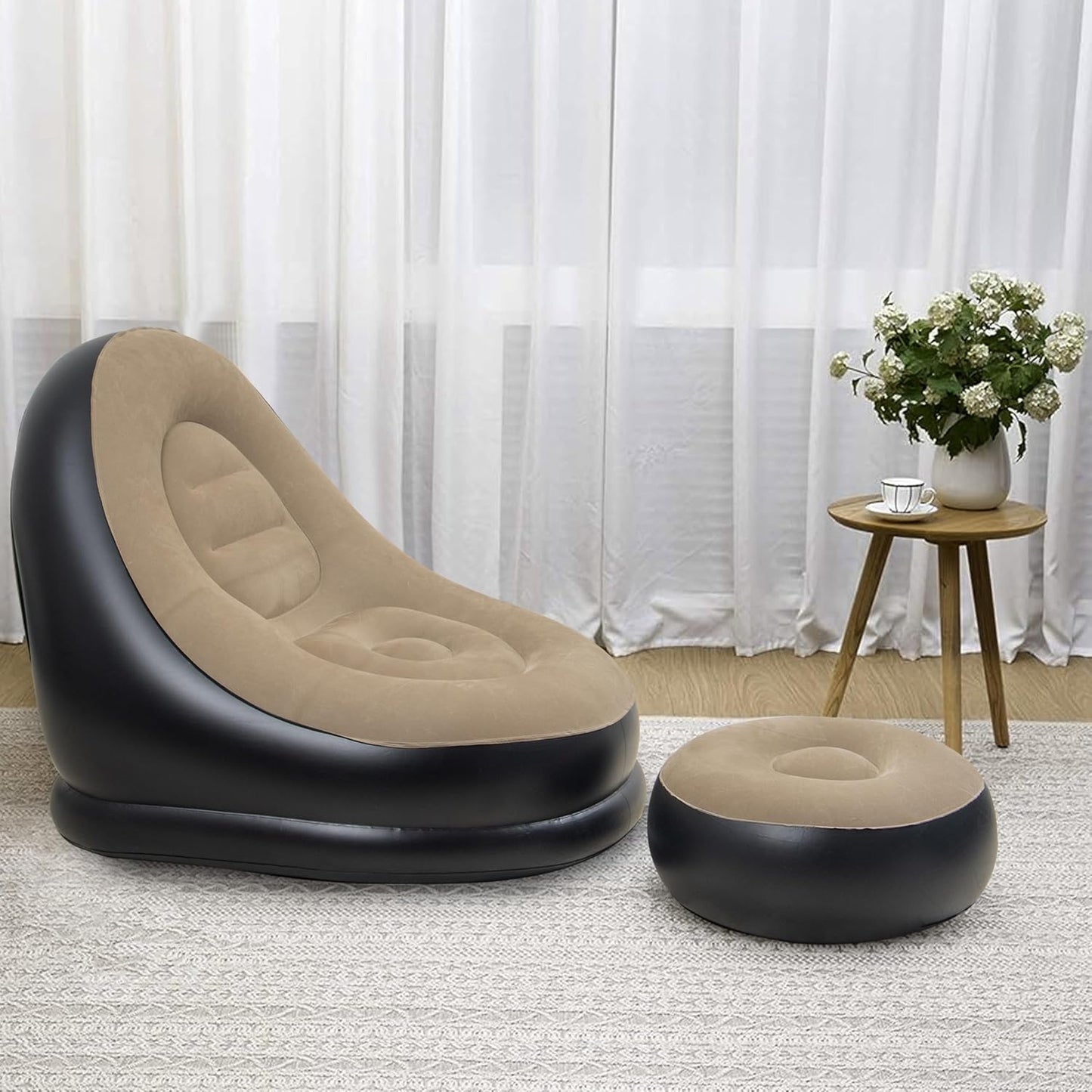 2-in-1 Lounge Chair Set Portable Recliner with Air Pump Polyester 1 Seater Inflatable Sofa