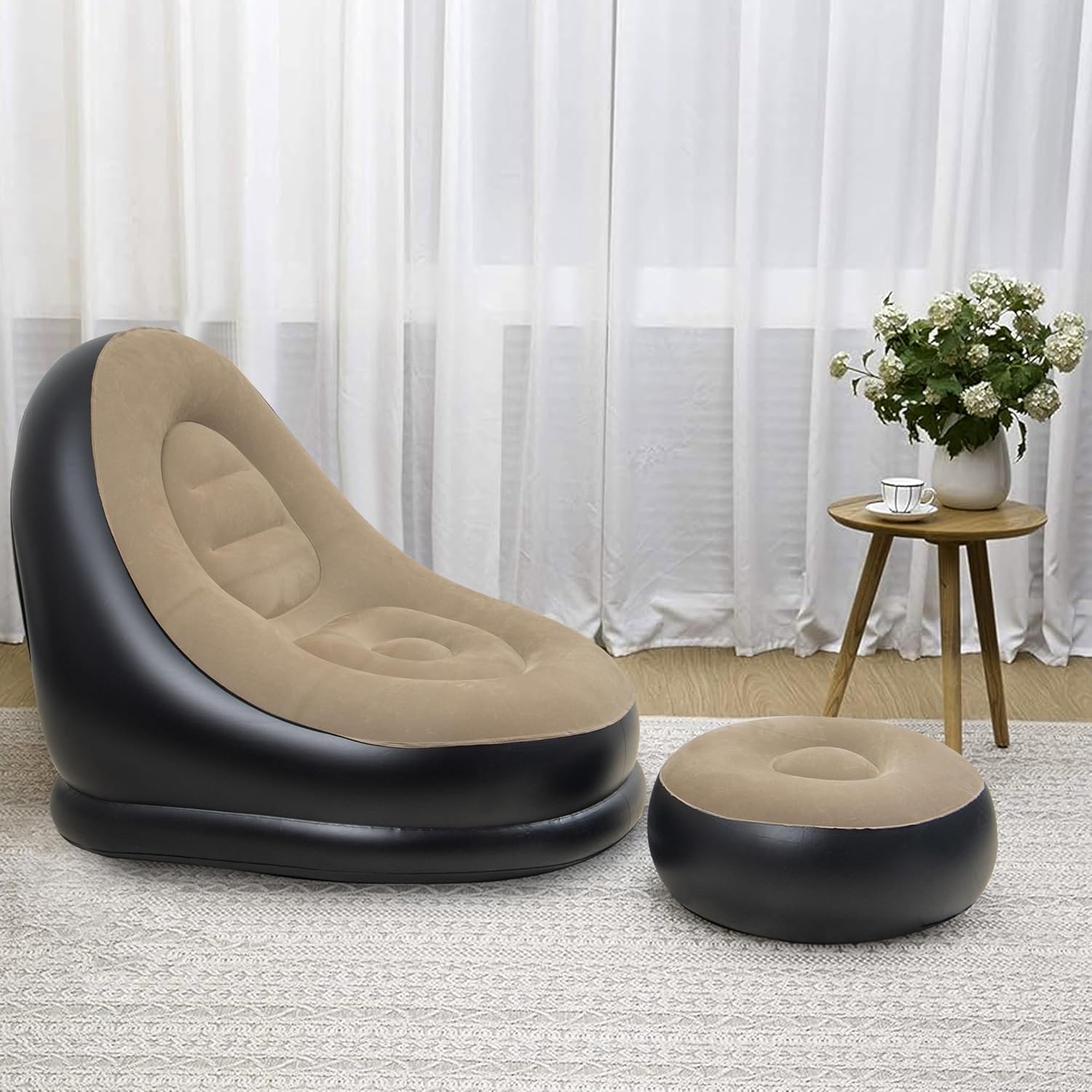 2-in-1 Lounge Chair Set Portable Recliner with Air Pump Polyester 1 Seater Inflatable Sofa
