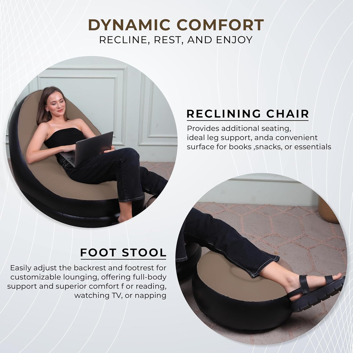 2-in-1 Lounge Chair Set Portable Recliner with Air Pump Polyester 1 Seater Inflatable Sofa
