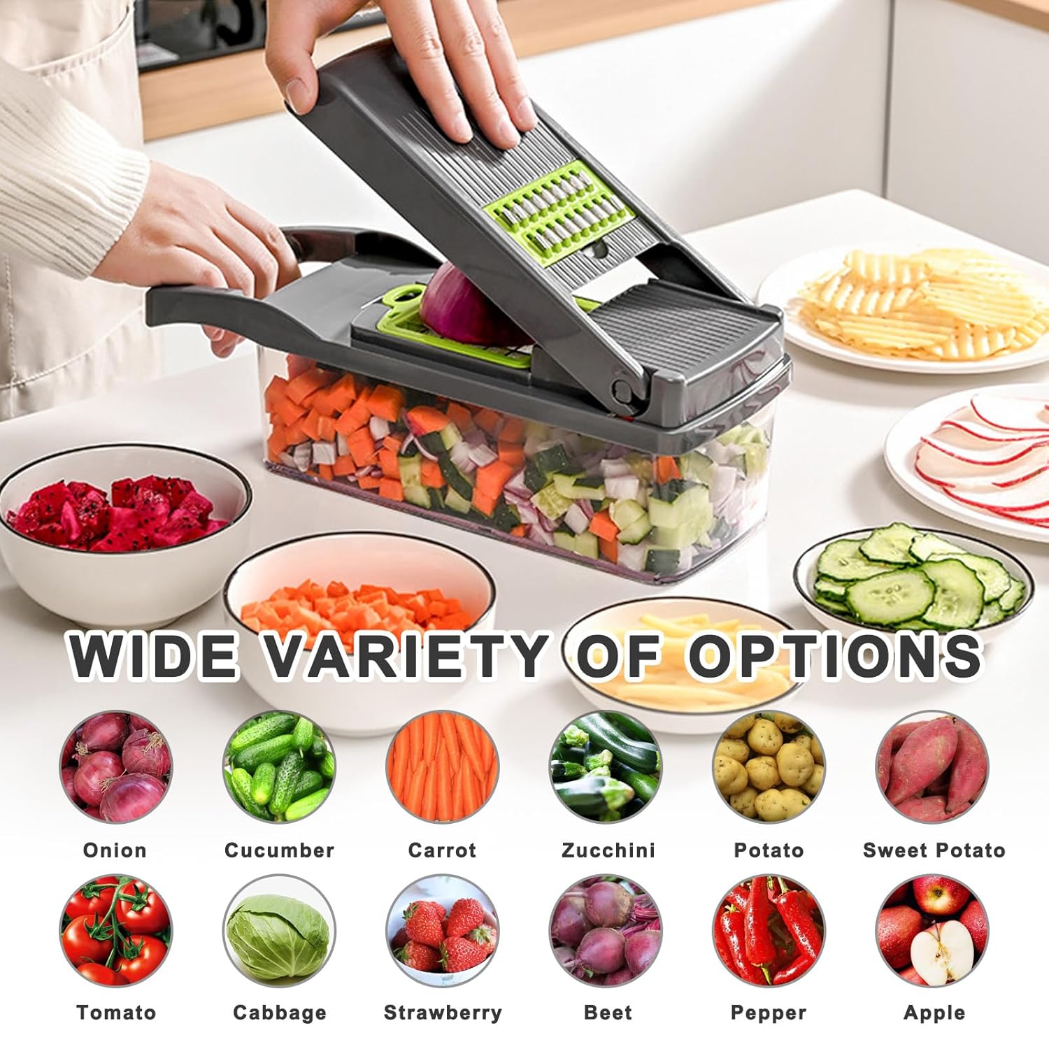 Veggie Chopper with Container, Vegetable Chopper, Pro Onion Chopper, Multifunctional 14 in 1 Food Chopper, Kitchen Vegetable Slicer Dicer Cutter,Veggie Chopper With 8 Blades, Hand Guard