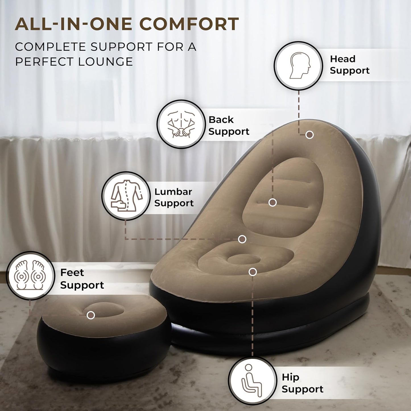 2-in-1 Lounge Chair Set Portable Recliner with Air Pump Polyester 1 Seater Inflatable Sofa