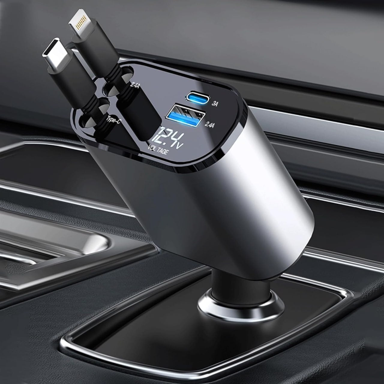 Retractable Car Charger, 120W 4 in 1 Super Fast Charge Car Charger, Type C & USB Charging Ports, Retractable Cables (80Cm) Car Adapter, Compatible iPhones, Ipad, Galaxy, Pixel, Grey