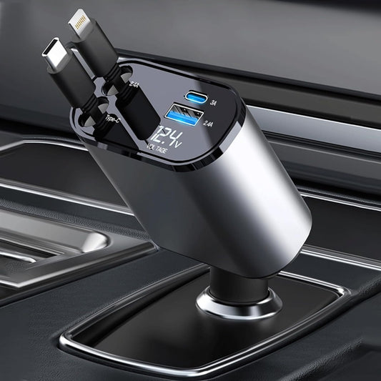 Retractable Car Charger, 120W 4 in 1 Super Fast Charge Car Charger, Type C & USB Charging Ports, Retractable Cables (80Cm) Car Adapter, Compatible iPhones, Ipad, Galaxy, Pixel, Grey