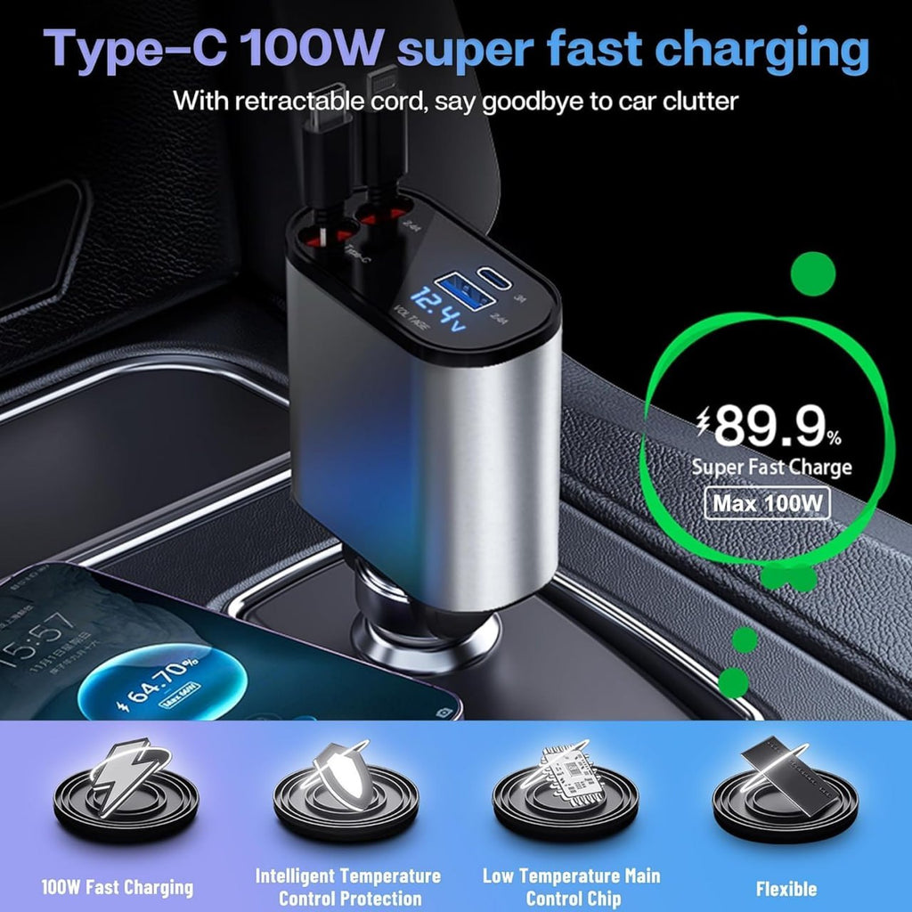 Retractable Car Charger, 120W 4 in 1 Super Fast Charge Car Charger, Type C & USB Charging Ports, Retractable Cables (80Cm) Car Adapter, Compatible iPhones, Ipad, Galaxy, Pixel, Grey