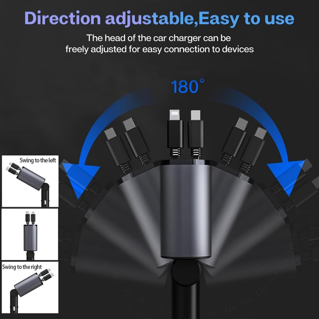 Retractable Car Charger, 120W 4 in 1 Super Fast Charge Car Charger, Type C & USB Charging Ports, Retractable Cables (80Cm) Car Adapter, Compatible iPhones, Ipad, Galaxy, Pixel, Grey