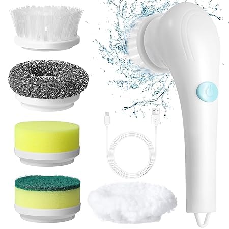 5 in 1 Magic Power Scrubber Household Cleaning Tools Spin Scrubber Cleaning Scrubber Brush Heads, 1 Extension Arm and Adapter (White)