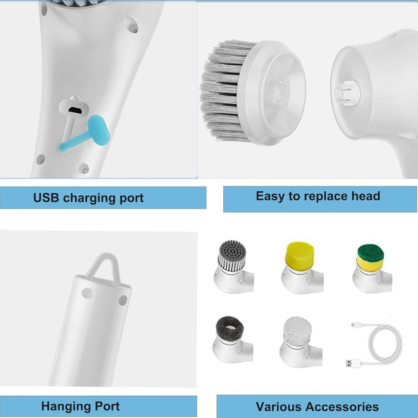 5 in 1 Magic Power Scrubber Household Cleaning Tools Spin Scrubber Cleaning Scrubber Brush Heads, 1 Extension Arm and Adapter (White)