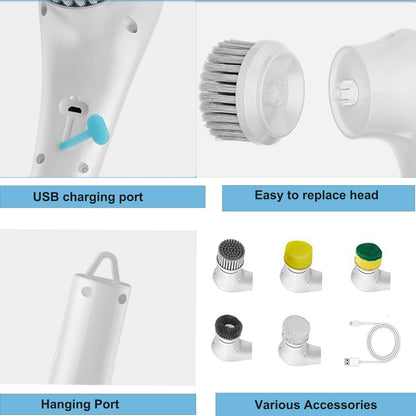 5 in 1 Magic Power Scrubber Household Cleaning Tools Spin Scrubber Cleaning Scrubber Brush Heads, 1 Extension Arm and Adapter (White)