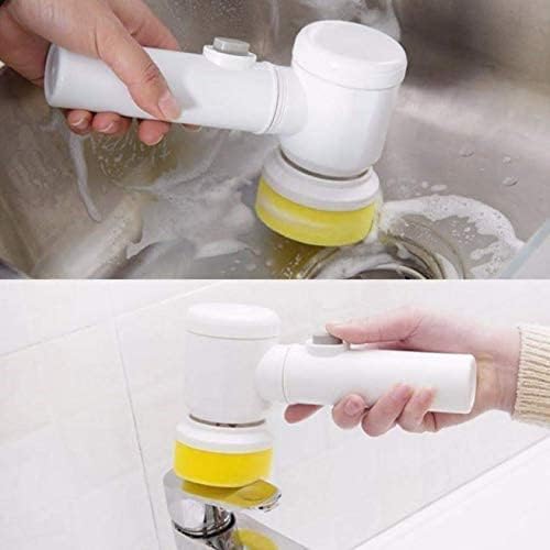 5 in 1 Magic Power Scrubber Household Cleaning Tools Spin Scrubber Cleaning Scrubber Brush Heads, 1 Extension Arm and Adapter (White)