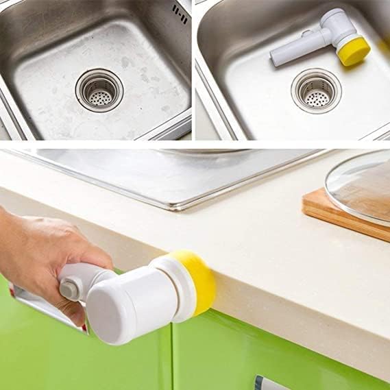 5 in 1 Magic Power Scrubber Household Cleaning Tools Spin Scrubber Cleaning Scrubber Brush Heads, 1 Extension Arm and Adapter (White)