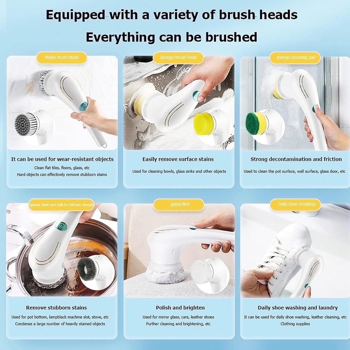 5 in 1 Magic Power Scrubber Household Cleaning Tools Spin Scrubber Cleaning Scrubber Brush Heads, 1 Extension Arm and Adapter (White)