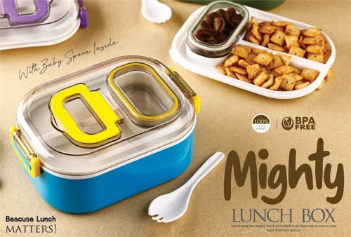 Mighty Lunch Box Comes with Small Container Stylish Anti Spill Lid 1 Baby Spoon 2 Containers Lunch Box  (500 ml)
